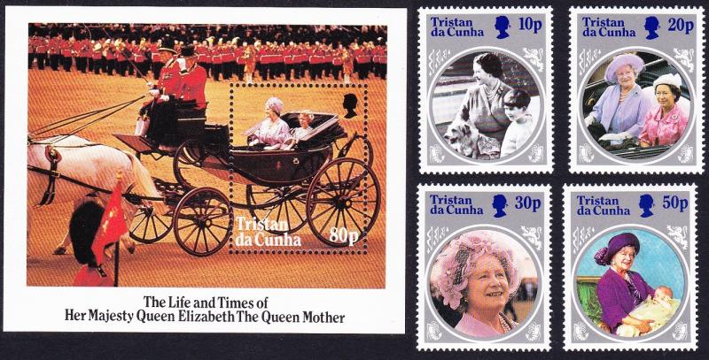 Tristan da Cunha Life and Times of Queen Mother 4v+MS SG#390-MS394 SC#372-376