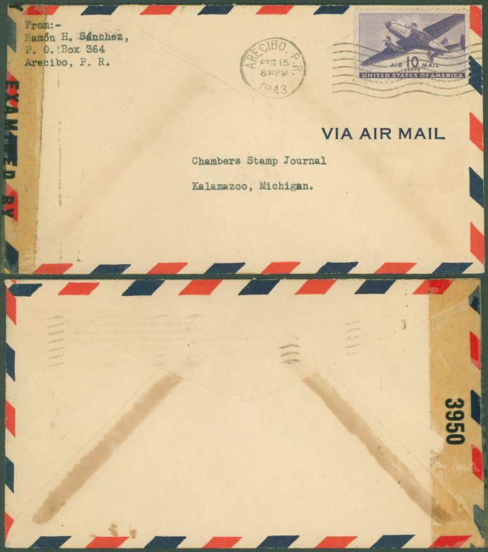 2/15/1943 Arecibo Puerto Rico Cds, WWII Censored Cover to Kalamazoo MI, SC #C27!