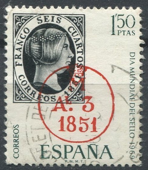 Spain Sc#1568 Used, 1.50p blk, red, grn, World Stamp Day (1969) (1969)