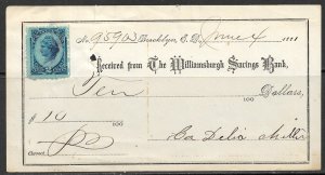 US 1881 2c Liberty Revenue Receipt Williamsburgh Savings Bank Brooklyn NY ScR152