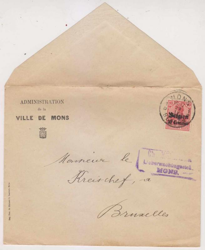 BELGIUM GERMAN OCC 1915 UNSEALED MAIL TO BRUSSELS SC N3 HANDSTAMP VF