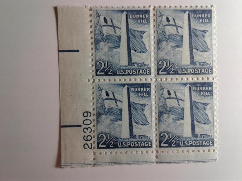 SCOTT # 1034 TWO AND ONE HALF CENT BUNKER HILL PLATE BLOCK GEM MINT NEVER HINGED