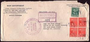 USA 1945 War Dept reg airmail envelope used APO 920 in Australia - 44c rate