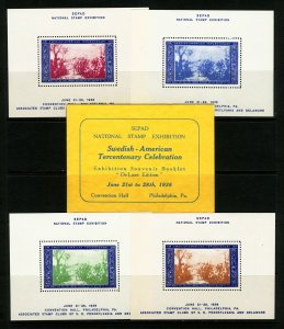 1938 Swedish-American Stamp Exhibition Cinderella Souvenir Sheets & Folder MNH