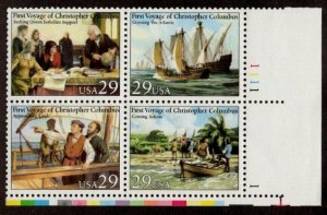 1992 First Voyage of Christopher Columbus Plate Block Of 4 29C Stamps, Sc# 2620