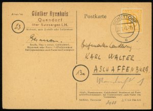 Germany Occupation Schüttorf Postal Card to Aschaffenburg 1945 Bizone Europe