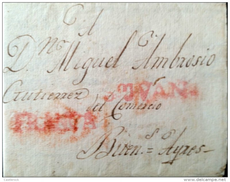 O) 1815 CHILE, STAMPLESS MARK,SAN JUAN- AND FRANCA IN RED TO BUENOS AIRES ARGENT