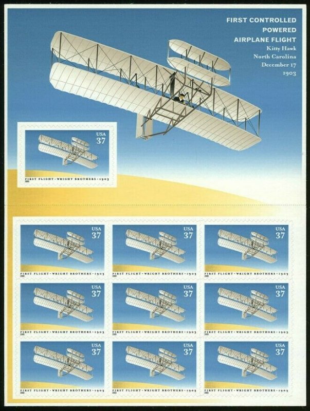 First Flight of Wright Brothers Sheet of Ten 37 Cent Stamps Scott 3783