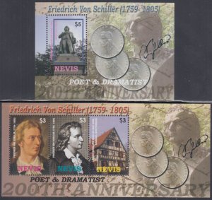 NEVIS Sc # 1431a-c,32 CPL MNH SHEETLET of 3 + S/S FRIEDRICH von SCHILLER, WRITER