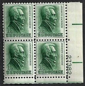 United States #1209 Andrew Jackson plate block of 4 (no tagging)