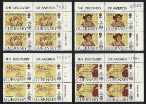 Guernsey Discovery of America by Columbus 4v Corner Blocks of 4 Number 1992