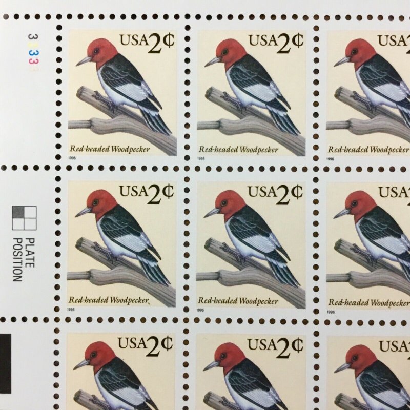 3032  Red-headed Woodpecker.  MNH 2 cent sheet of 100.  Plate Number 33333. 1996