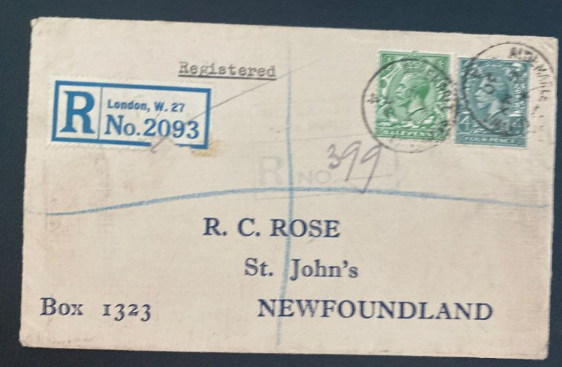 1930 London England Registered Wax Seal Cover To St Johns Newfoundland