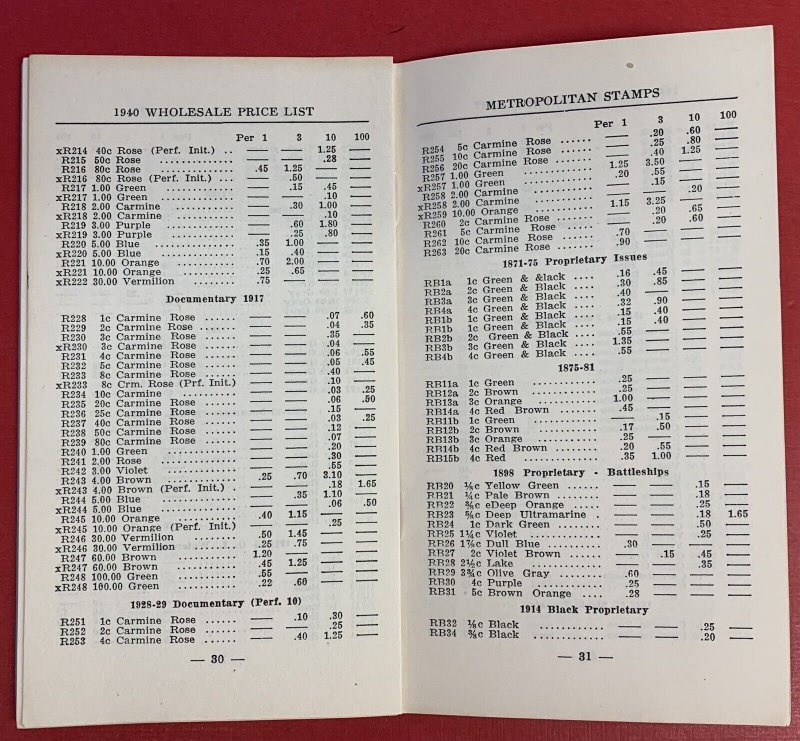 Metropolitan Stamps, New York City, 1939 and 1940 United States Price Lists