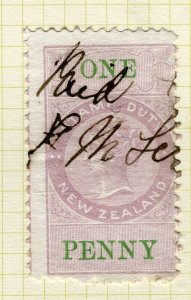 NEW ZEALAND; 1871 classic QV Stamp Duty issue used Shade of 1d. P.10 Wmk. NZ