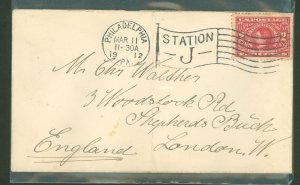 US 370 2c Yukon-Alaska Pacific Expo franked this folded 1912 cover mailed from Philadelphia, PA to London, England paying the 2c