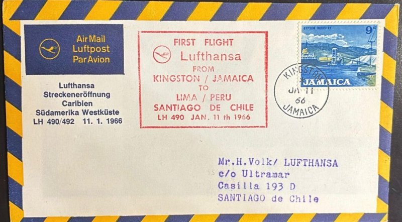 KV) 1966 JAMAICA, AIR MAIL LETTER FROM LUFTHANSA'S FIRST FLIGHT FROM KIN...