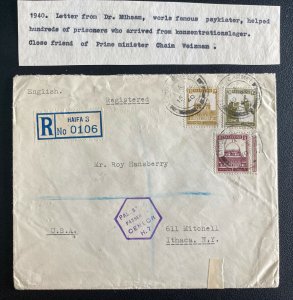 1940 Haifa Palestine Censored Red Wax Seal Cover To Itaca NY Usa Dr Muhsam