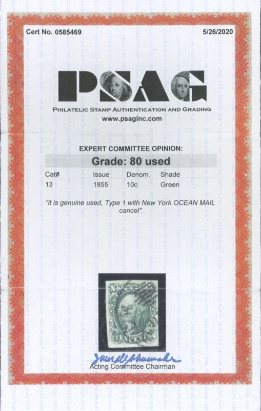 U.S. #13 USED WITH PSAG CERT GRADE 80