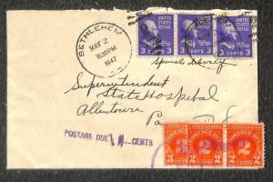 USA #807 (x3) PREXY STAMPS BETHLEHEM SPECIAL DELIVERY POSTAGE DUE COVER 1947