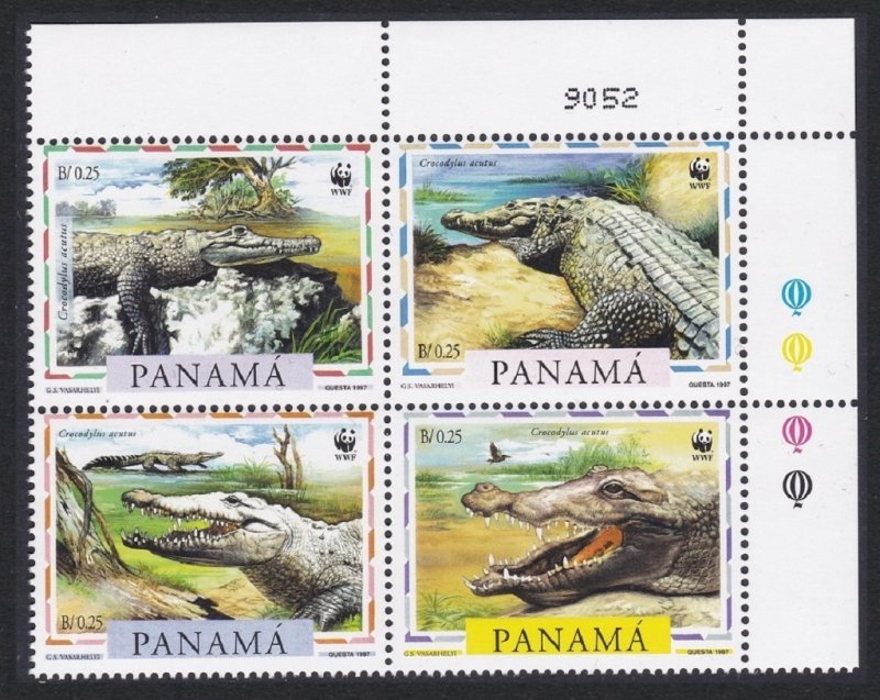 Panama WWF American Crocodile 4v T2 Corner Block of 4 Number 1997 MNH