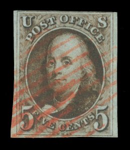 US 1847 Franklin  5c dark brown #1 used - red grid cancel - 