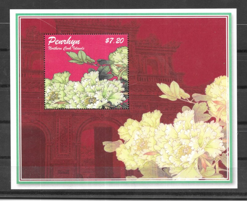 PENRHYN ISLAND MNH SOUV. SHEET SC#484 PEONIES FLOWERS SCV$11.50 FREE SHIPPING