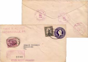 United States Pennsylvania Brownsville Registered 1934 violet double ring  3c...