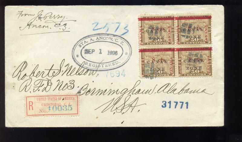 Canal Zone Scott #18 Block of 4 w/Varieties on Registered Label Cover w/PSE Cert