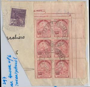 BRAZIL -  POSTAL HISTORY - RHM 297 corner block of 6 on large COVER CUT-OUT 1940