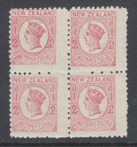 New Zealand Sc P3b MNH. 1875 ½p rose QV newspaper stamp, block of 4, fresh