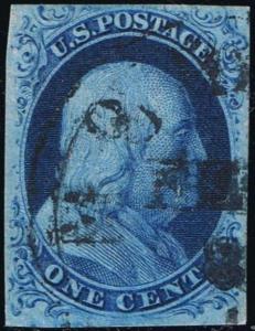 US stamp: #7 1c Blue Franklin 1851-57 used 