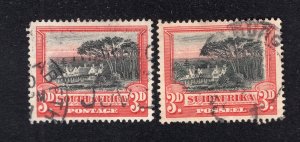 South Africa 1927 3p red & black Home, Scott 27a, 27b used, value = $1.80