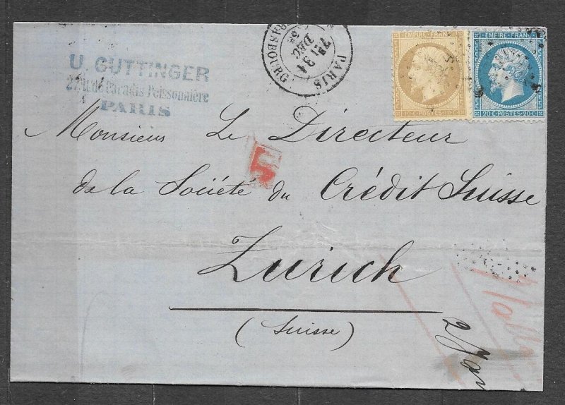 FRANCE-1867, COVER, Sc#14-15, NAPOLEON III, PARIS TO ZURICH, SWITZERLAND.