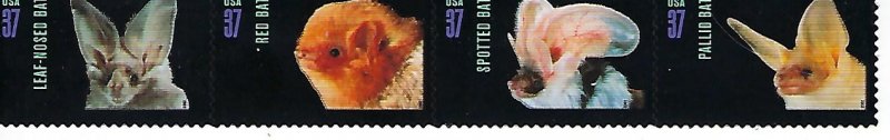 Catalog #3661 64 Strip of 4 Stamps Night Friends Bats Pallid Spotted Leaf-nosed