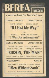 1940 BEREA THEATRE OH SHOWING IF I HAD MY WAY B CROSBY & G JEAN ETC