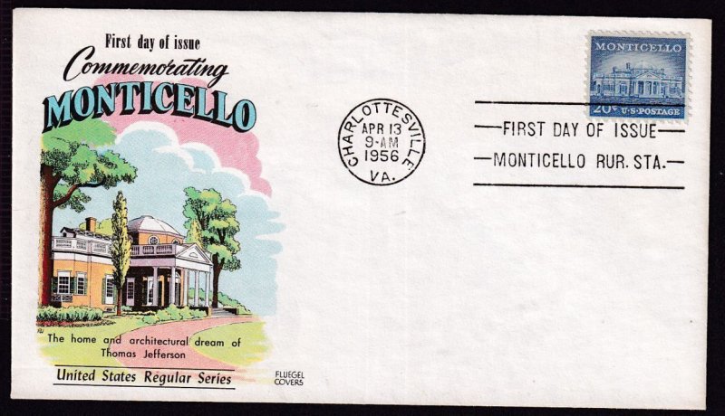 1956 Monticello Virginia 20c Sc 1047 LIberty Issue with Fluegel cachet (WS