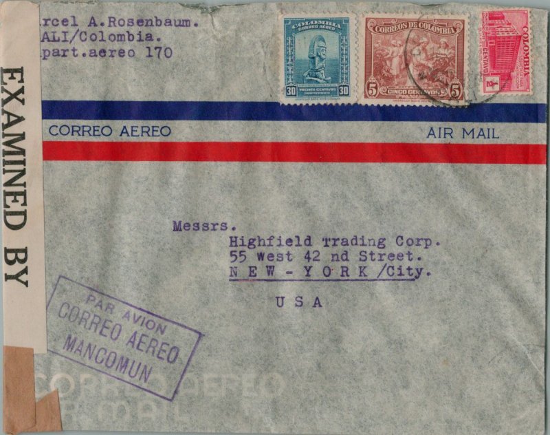 COLOMBIA POSTAL HISTORY WWII CENSORED AIRMAIL COVER ADDR USA CANCEL YRS'40