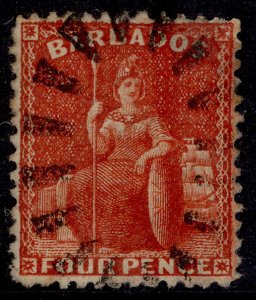 BARBADOS QV SG68, 4d deep red, USED. Cat £32.