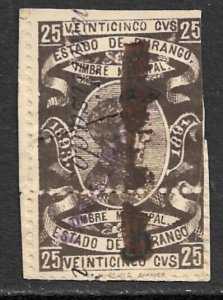 MEXICO 1893-94 25c DURANGO Municipal Revenue w Inutilizado Ovpt DU75 Used