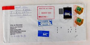 Israel Registered cover w/ #1095 x2 #1109 to Canada, Airmail sticker, 1992