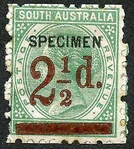 South Australia SG229a 2 1/2d on 4d Deep Green opt SPECIMEN (part gum)