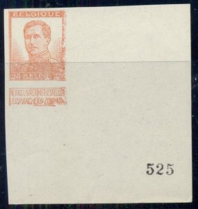 BELGIUM #105 25c Numbered Imperf PROOF in orange, VF