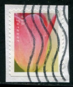 5786 US (63c) Tulip Blossoms - pink w/yellow background SA bklt, used on paper
