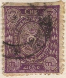 India: Travancore 14 (used) 3ch conch shell, pur (1911)