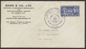 1939 Newfoundland #249 Royal Visit FDC Baird & Co Acadia Fire CC Cover St John's