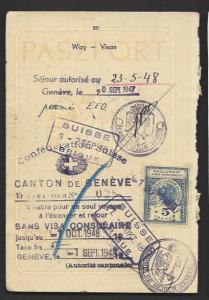 SWITZERLAND 5Fr Blue REVENUE on POLAND 1948 Passport Page Canton of GENEVA