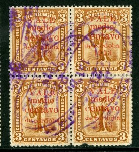 Nicaragua 1913 Gold Liberty ½¢/3¢ Brown Red Overprint Block Sc 311 VFU Q465