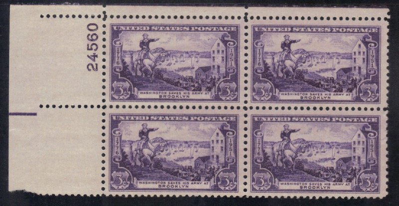 USA  SCOTT #1003  MNH 1951  3c  PB of 4  BATTLE OF BROOKLYN  SEE SCAN