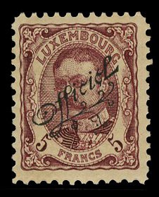 Luxembourg #O98 Cat$55, 1908 5fr claret, lightly hinged, pencil signed